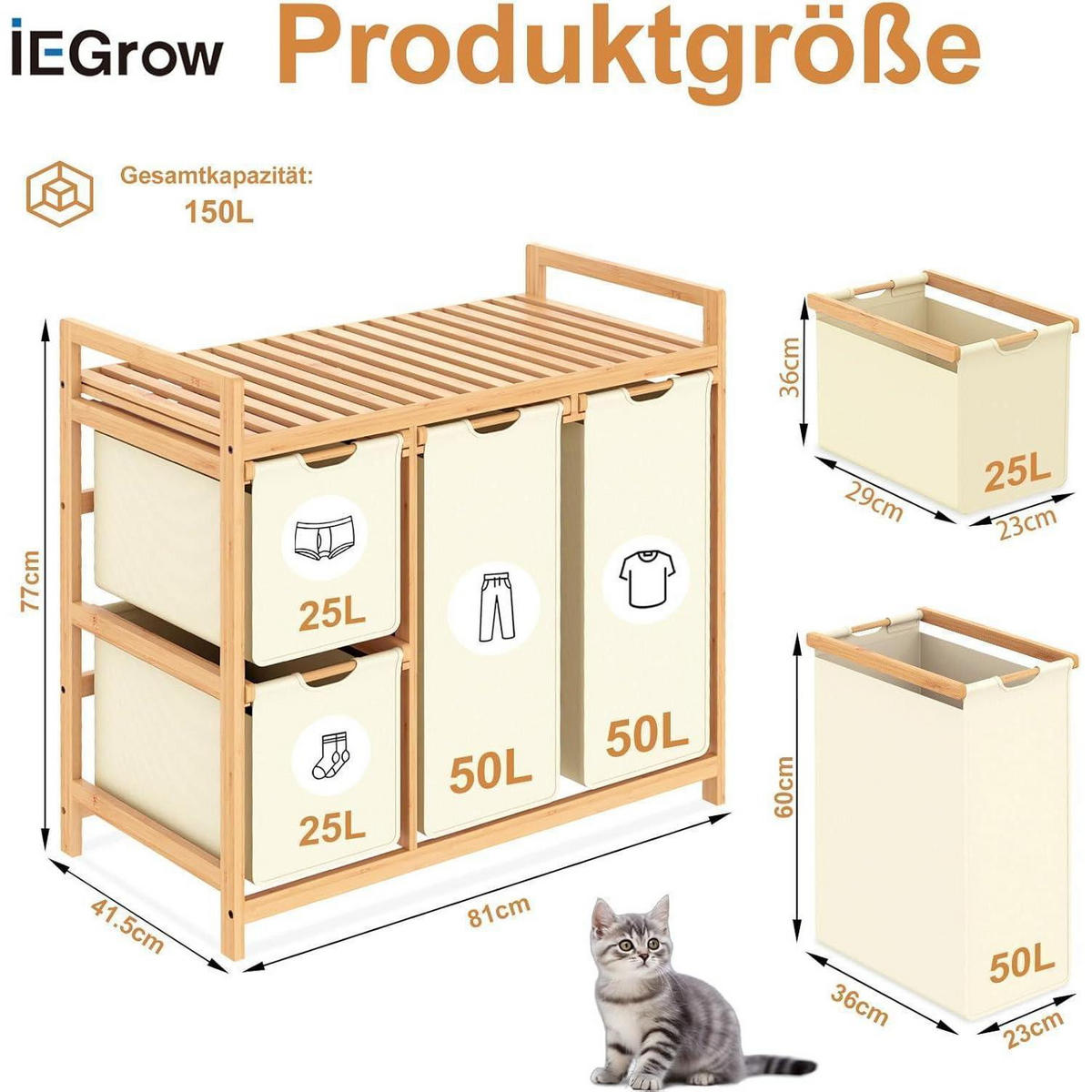 WÄSCHEKORB mit Ablage Bambus Beige 77 cm - Creme, Naturmaterialien (81/77/41.5cm)