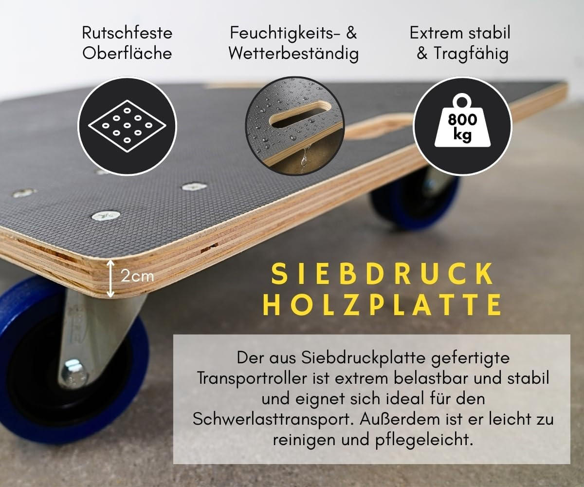 TRANSPORTROLLER mit 4 Rollen 2 Stück 16x80x60cm Traglast 800kg Siebdruck Holzplatte Schwarz - Schwarz, Metall (60/80/16cm) - PROREGAL