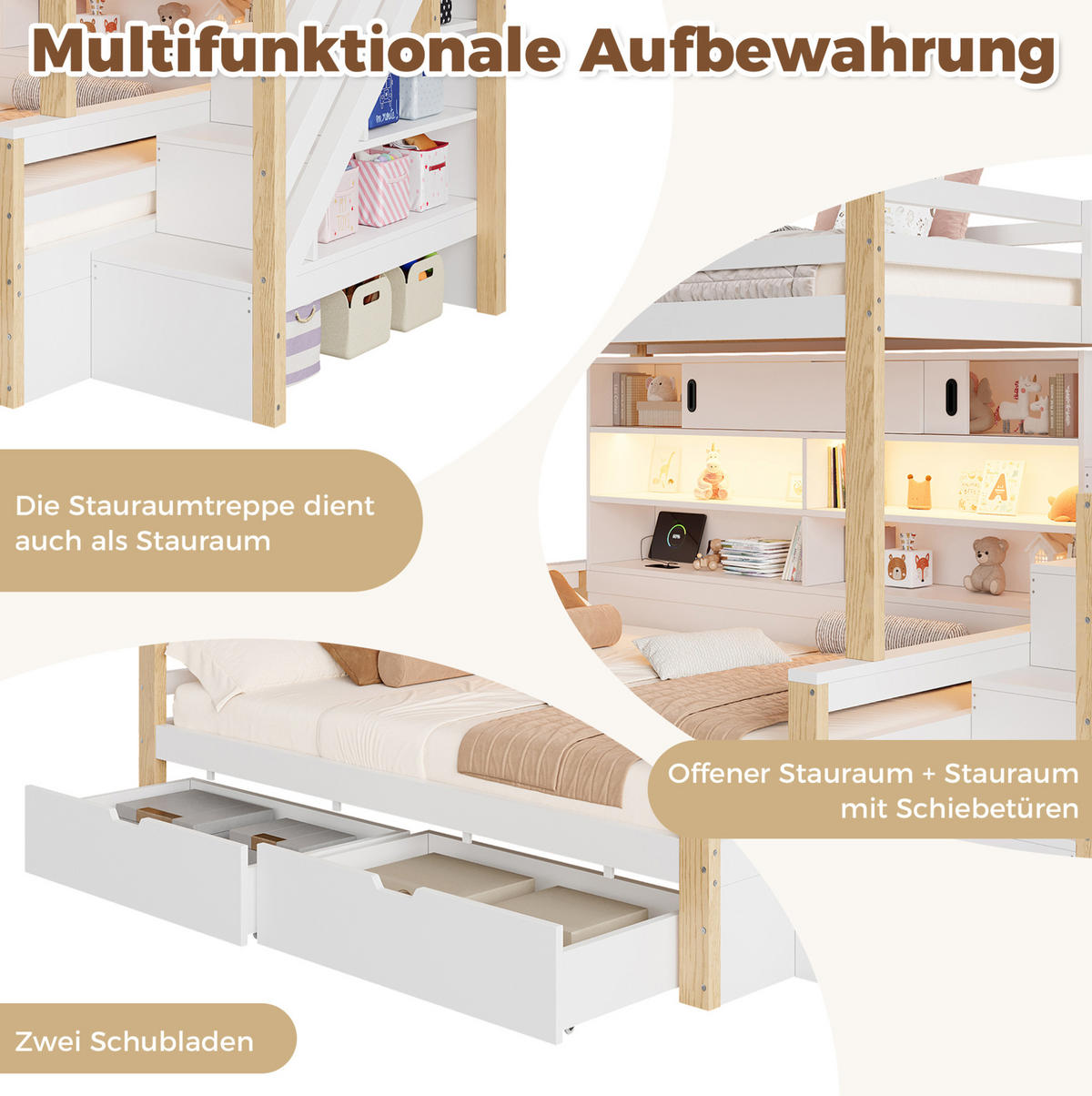 ETAGENBETT aus Kiefernholz 90x200 cm Weiß mit Stauraumtreppe, LED-Leiste und USB-Anschluss - Weiß, Holz (90/200cm) - Modfu