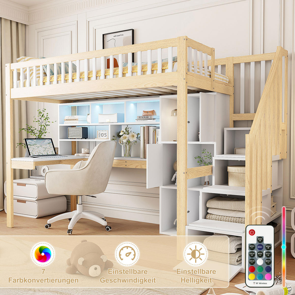 HOCHBETT 90x200cm Weiß + Natur LED-Licht Ablageleiter Schreibtisch - Multicolor, Holz (90/200cm) - FLIEKS