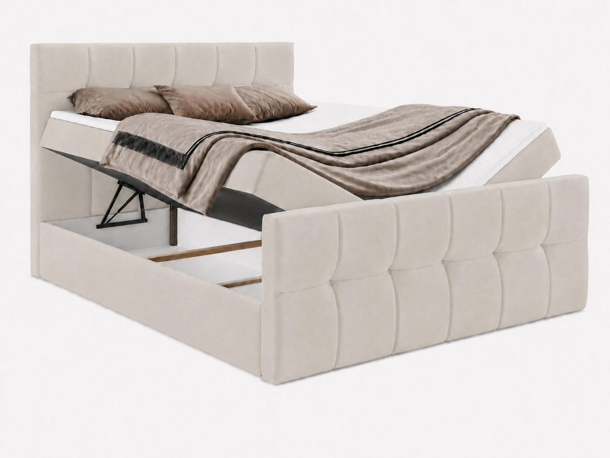 BOXBETT AUREN FRONT 160x200 cm Komplett-Set mit Bonell-Matratze, Topper und Bettkasten, Samt Beige - Beige, Textil (160/200cm) - Luxkor24