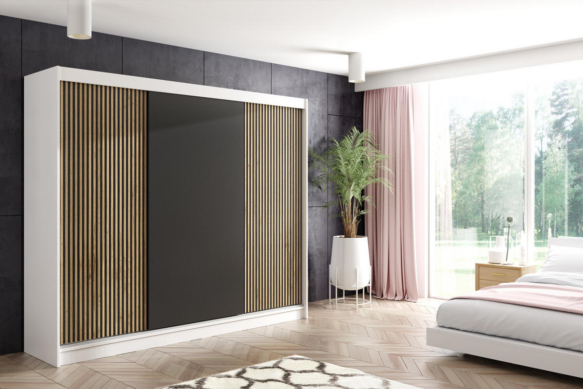 KLEIDERSCHRANK VILAN mit Lamel/LED - 250 cm - Weiß|Eiche Wotan - Eiche Wotan/Weiß, Holzwerkstoff (250/215/61cm) - ALTDECOR