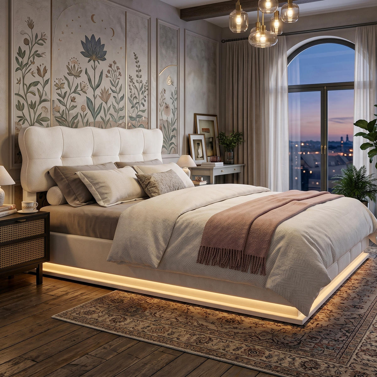 POLSTERBETT Wellen-Design 160/200 cm mit Bettkasten & LED Samtoptik Beige - Beige, Textil (160/200cm) - Creahappy