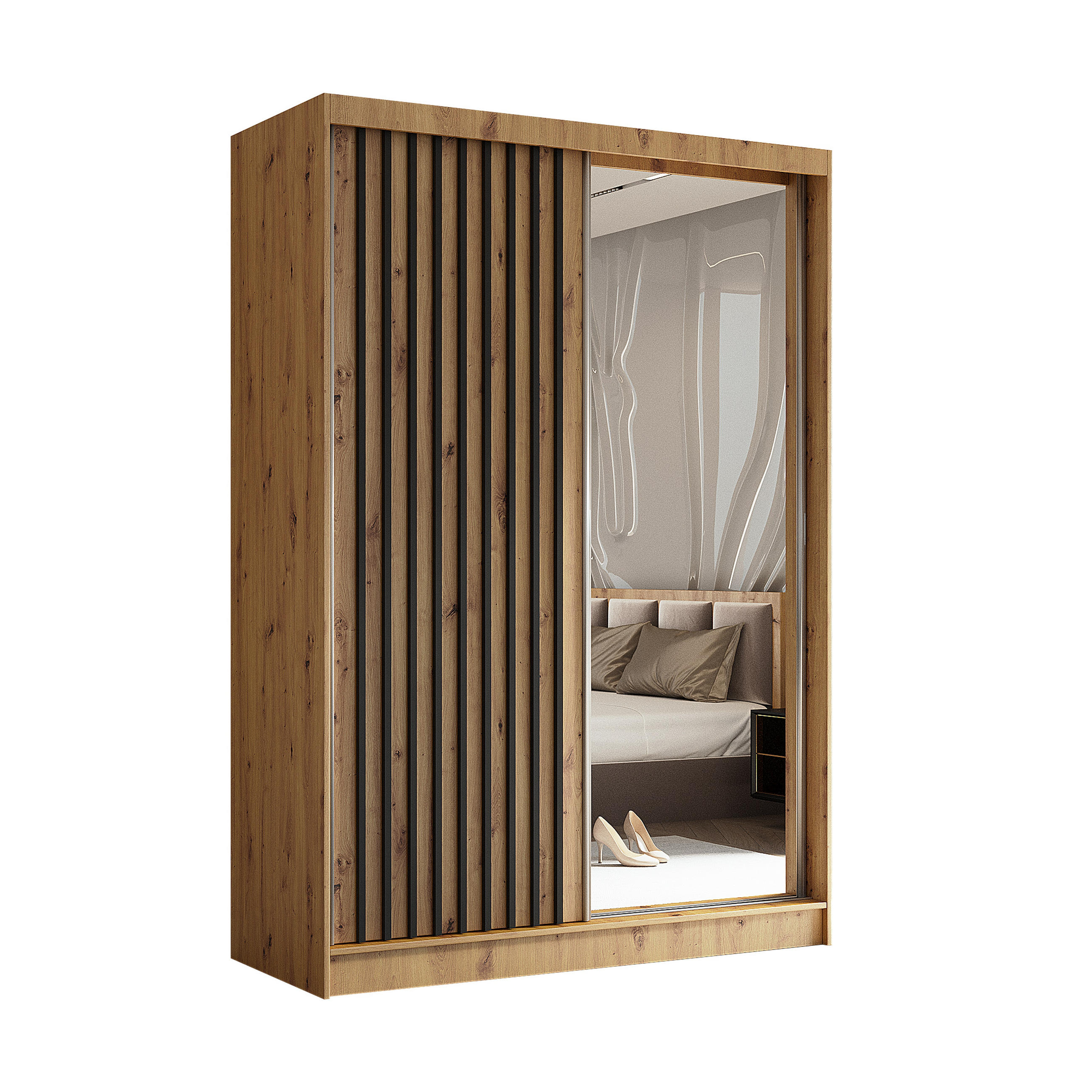 SCHWEBETÜRENSCHRANK LAMELLO 150/216/61 cm 2-türig mit Spiegel Eiche Artisan - Eiche Artisan, Holzwerkstoff (150/216/61cm) - MASSENO