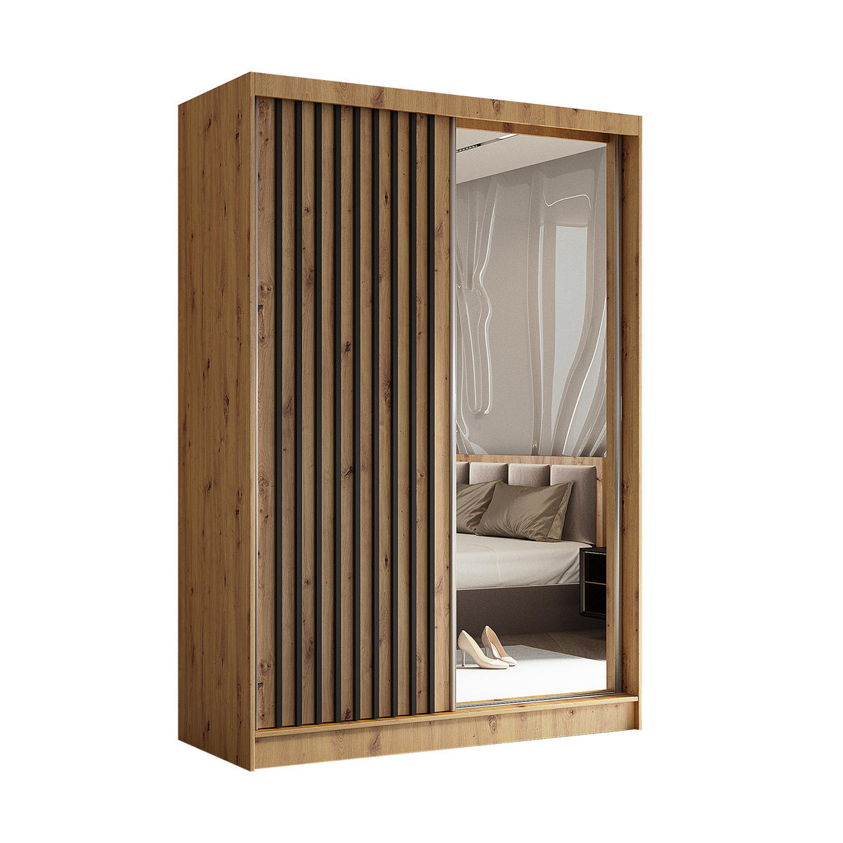 SCHWEBETÜRENSCHRANK LAMELLO 150/216/61 cm 2-türig mit Spiegel Eiche Artisan - Eiche Artisan, Holzwerkstoff (150/216/61cm) - MASSENO