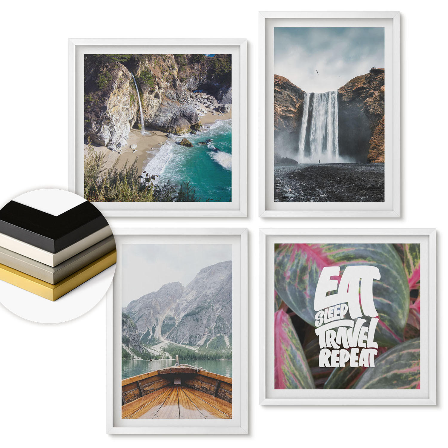 WANDBILDER 4er-Set - 50x50 cm & 40x60 cm Weißer Rahmen - Wasserfall Bergreise Natur - Weiß, Kunststoff (50/50cm) - ArtPrintCave