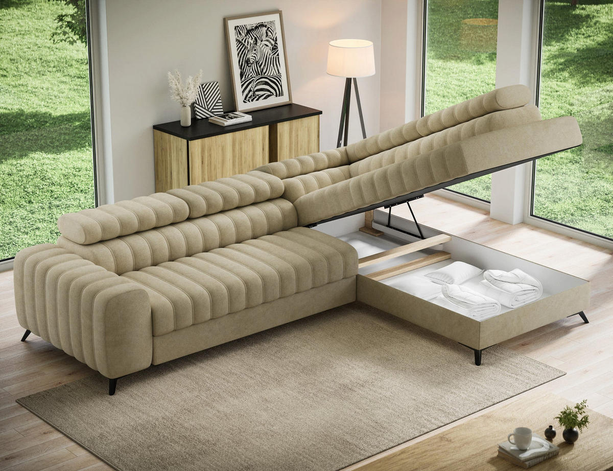 KANEDO Ecksofa mit Schlaffunktion und Bettkasten – Modernes Designsofa, verstellbare Kopfstützen, Metallfüße - Beige, Kunststoff (269/86cm) - Wohnideebilder