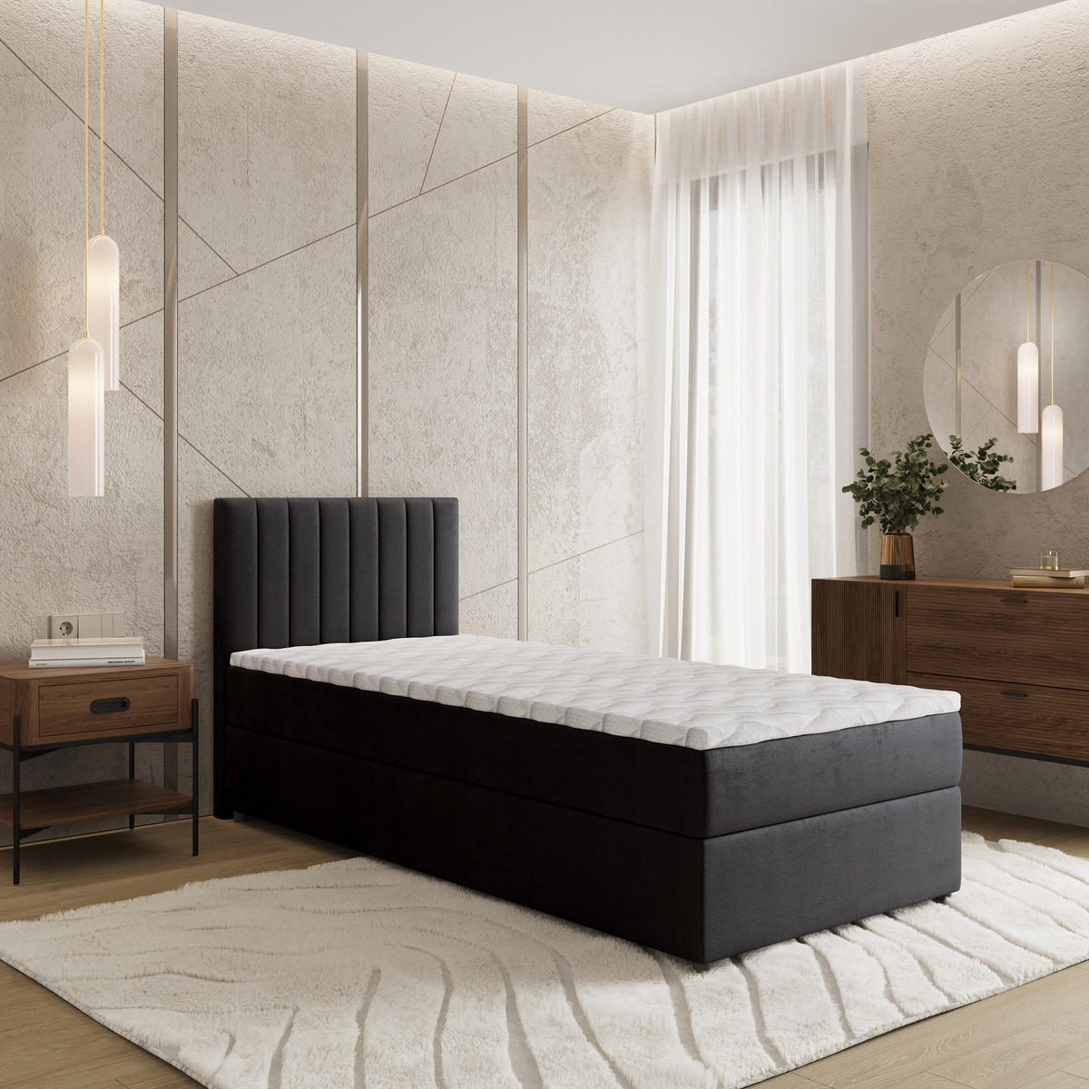 BOXBETT BRESEL 100 100x200 cm mit Matratze und Topper, H2+H3 - Schwarz - Schwarz, Holz (100/200cm) - MASSENO