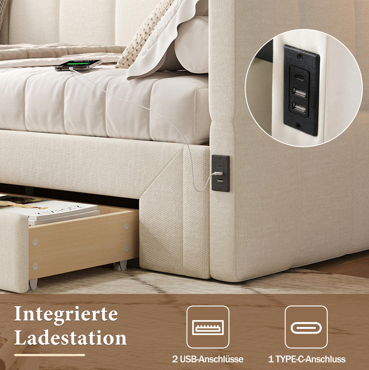 TAGESBETT 90/200 cm ausziehbar auf 180/200 cm mit 2 Schubladen, USB- und Typ-C-Anschluss, Leinenbezug, Beige - Beige, Textil (90/200cm) - Redom
