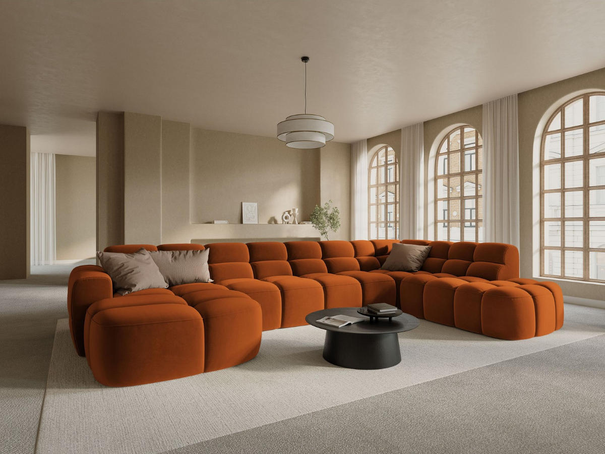 PANORAMASOFA rechts Lisa aus Samt terrakotta 7 Sitzplätze - Terra cotta, Textil (234/77/387cm) - Micadoni