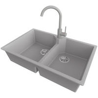 GRANITSPÜLE Madrid Twin, 2-er set Grau 78/50 cm 2 Becken + Küchenarmatur 32/20 cm + Ablauf-Set ab 80er Unterschrank - Chromfarben/Grau, Kunststoff (78/19/50cm) - Primagran
