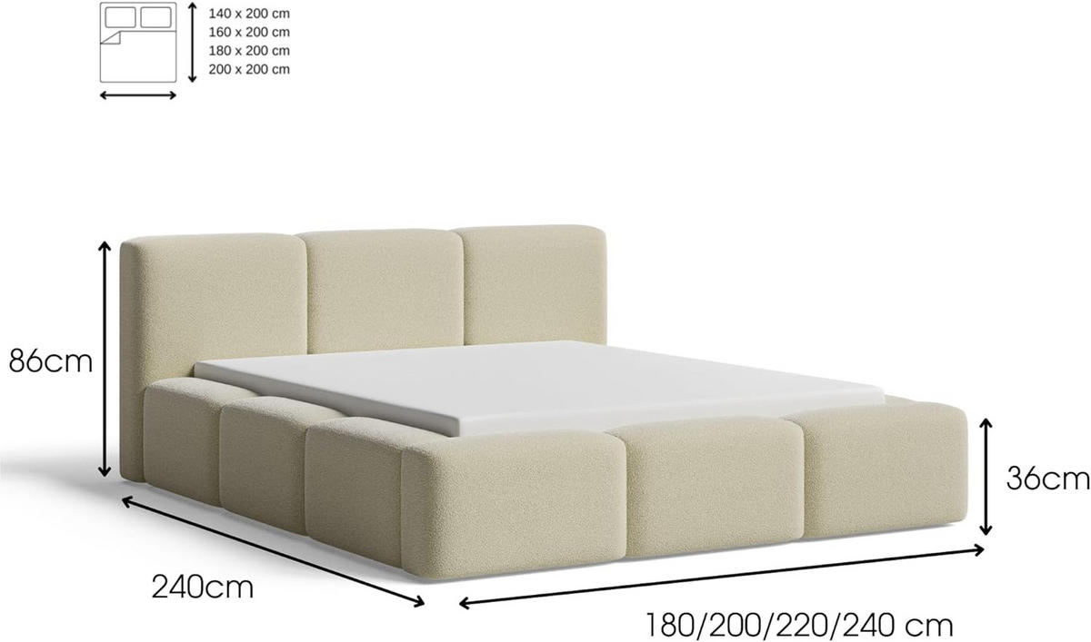 POLSTERBETT 200x200 mit Bettkasten, Lattenrost und Kopfteil, Eleganter Bouclé-Stoffbezug Weiß - Weiß, Holz (200/200cm) - Chilly
