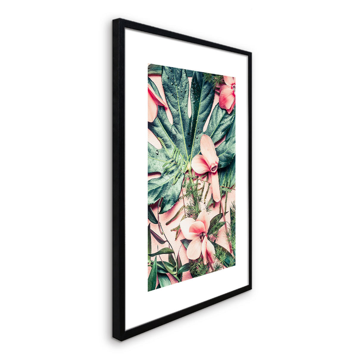 POSTER mit Rahmen 50x70 cm Tropische Blüten Grün - Rosa, Holz (51/71cm) - artissimo
