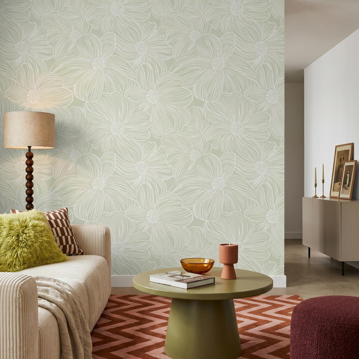TAPETE - Gelassenheit - Blumen - Grün - 220x200 cm - Salbeigrün, Papier (220/200cm) - OnlyWow