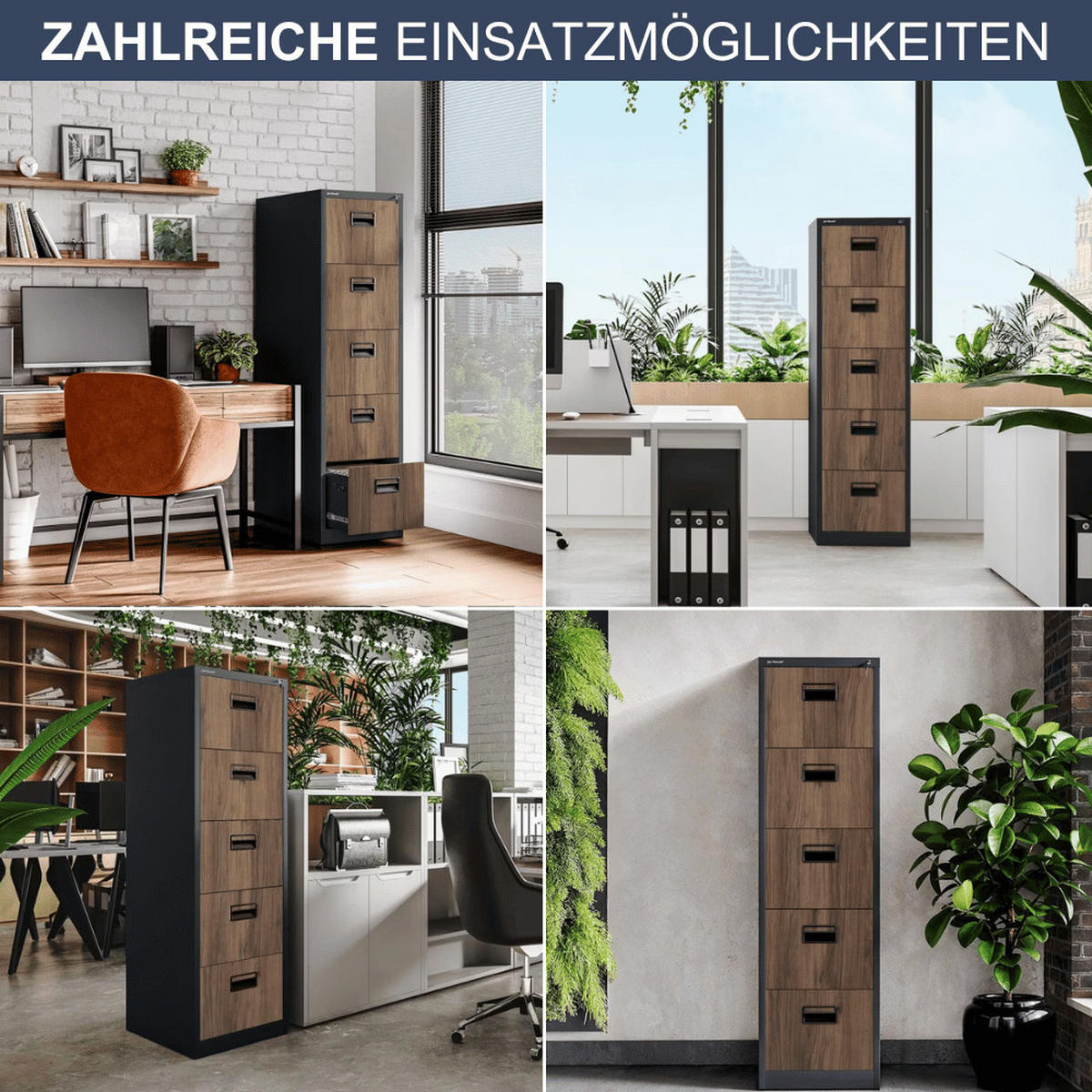 HÄNGEREGISTERSCHRANK abschließbar TION 5 Schubladen 163x46x62cm Anthrazit-Nussbaum - Anthrazit, Metall (46/163/62cm) - DELUKE