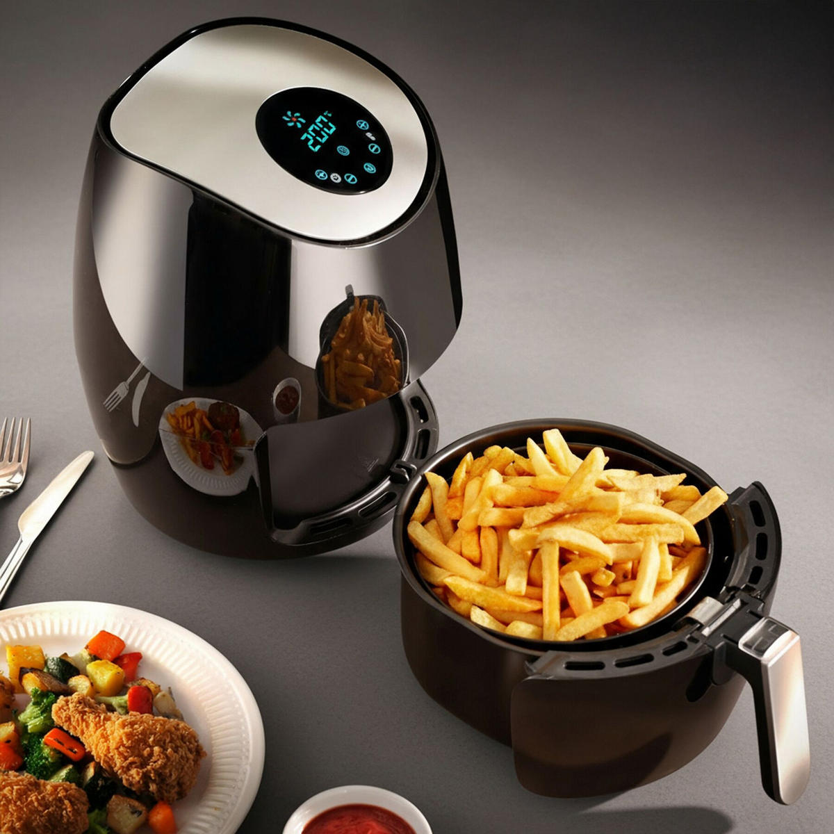 HEISSLUFTFRITTEUSE Mitch, inklusive Rezeptheft, schwarz - Schwarz, Metall (32/31.5/26cm) - tectake