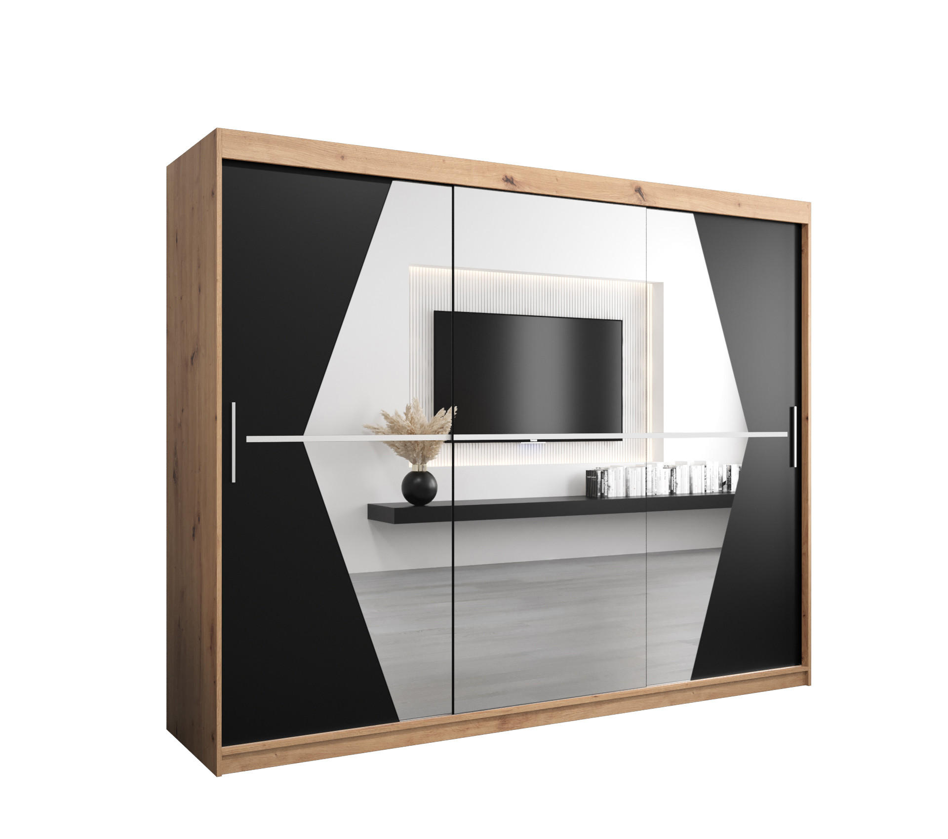 Abiks Möbel Schwebetürenschrank Eiche Artisan, Schwarz 250x200x62 cm
