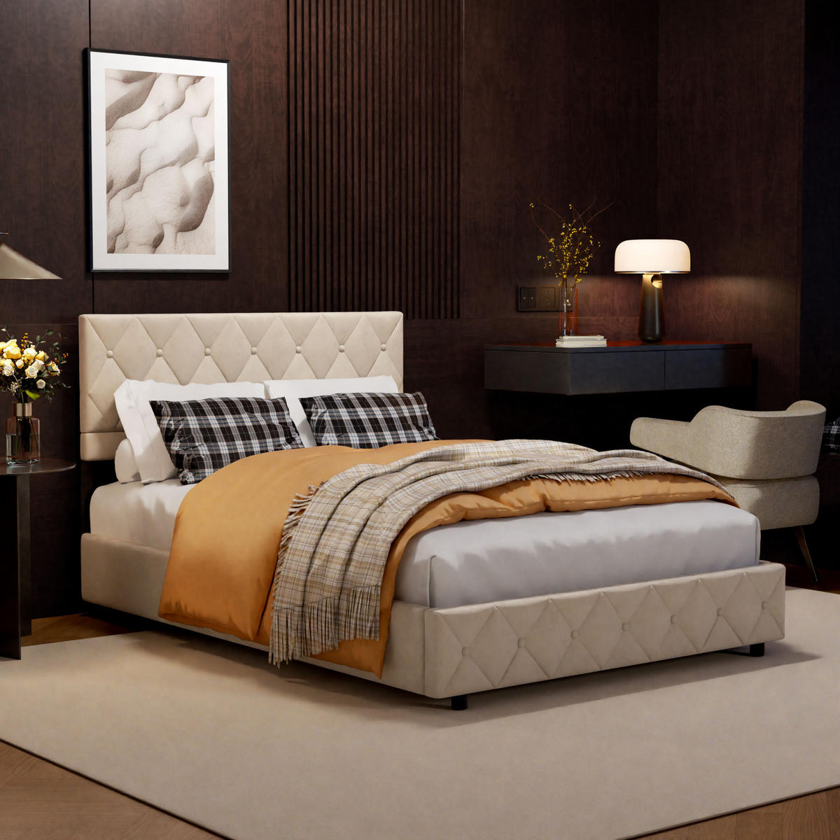 POLSTERBETT 140/200 cm aus Samt in Beige mit Stauraum und Lattenrost - Beige, Textil (140/200cm) - BEAOK