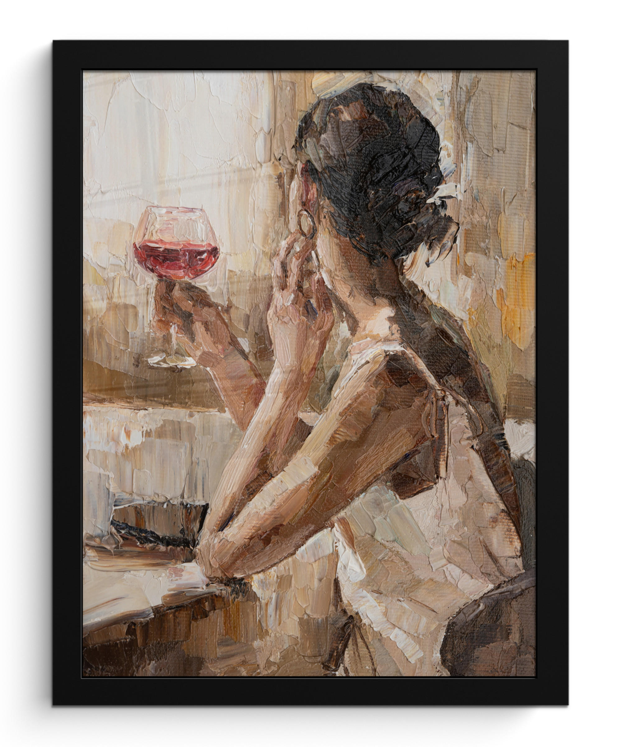 GERAHMTES BILD Ölgemälde - Frau - Wein 30x40 cm - Hellbraun, Papier (30/40cm) - MuchoWow