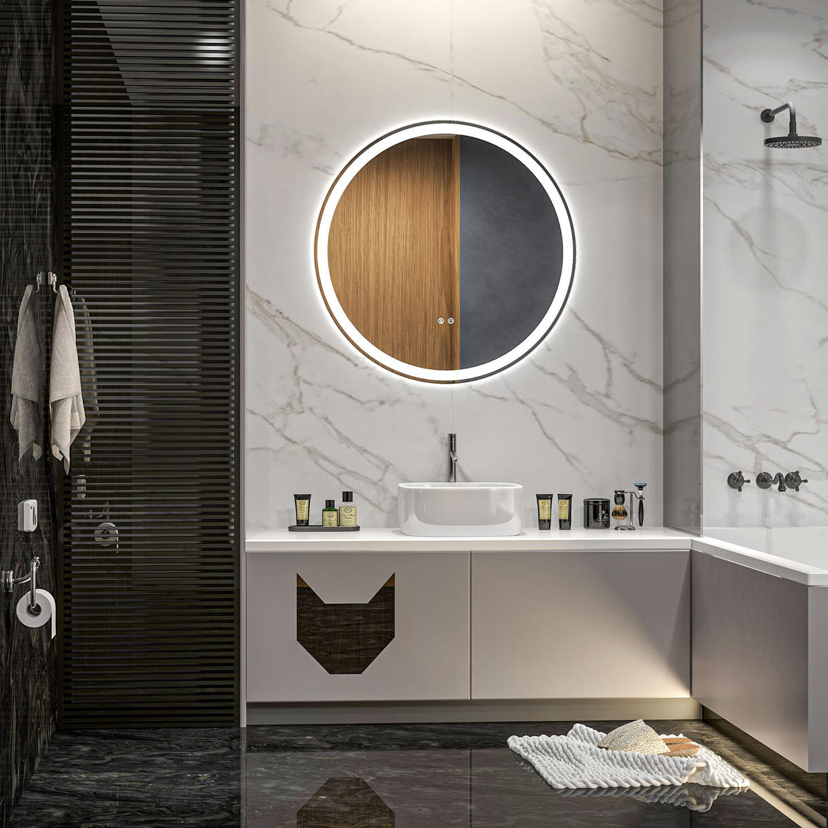 BADEZIMMERSPIEGEL DE-15146 mit 3 LED-Farben und dimmbar Weiß/Silber - Silberfarben, Metall (70/3.4/70cm) - ComfortXL
