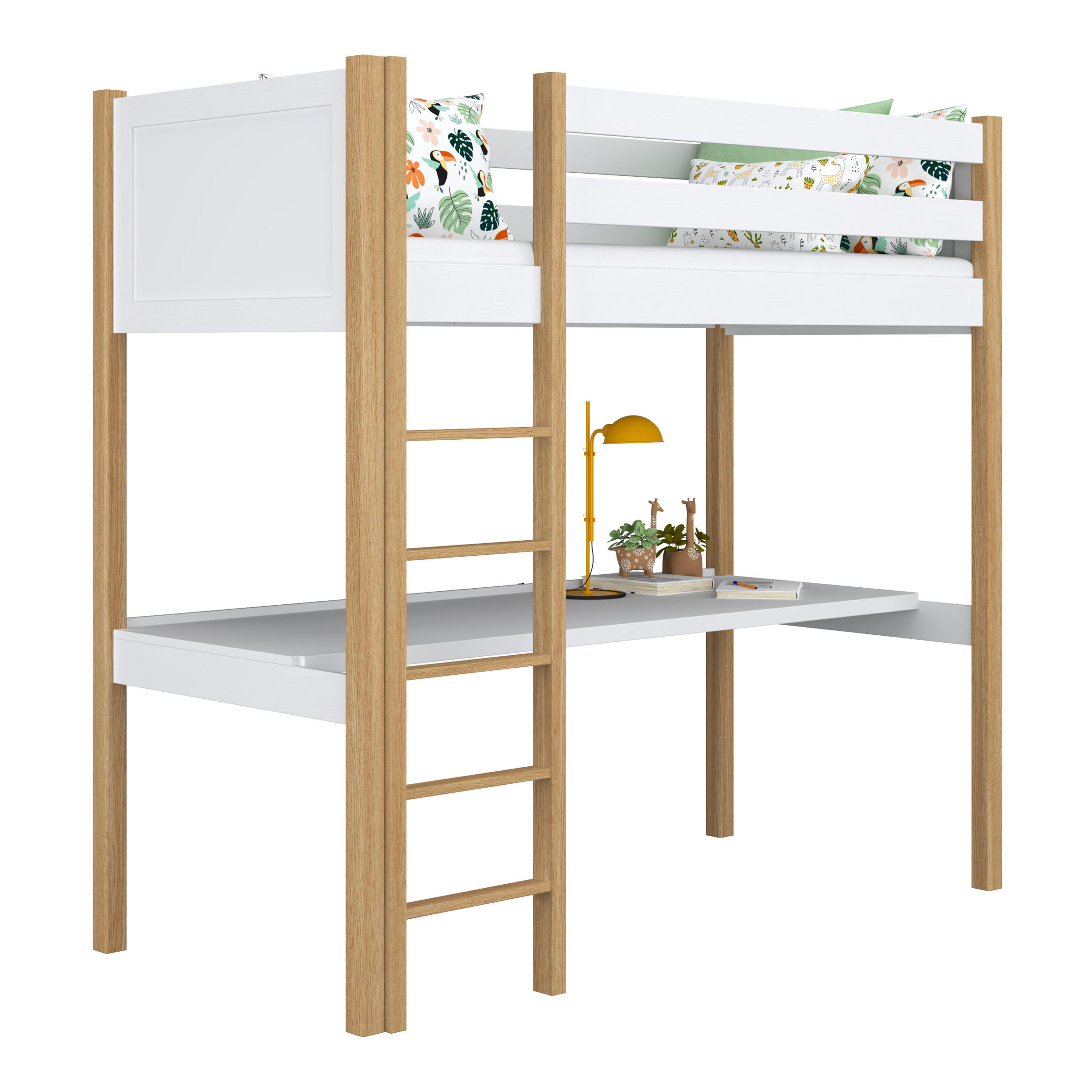 HOCHBETT N06 mit Schreibtisch Weiß / Eiche Natur 100/180 - Eiche Artisan/Weiß, Naturmaterialien/Holz (100/180cm) - N-Wood