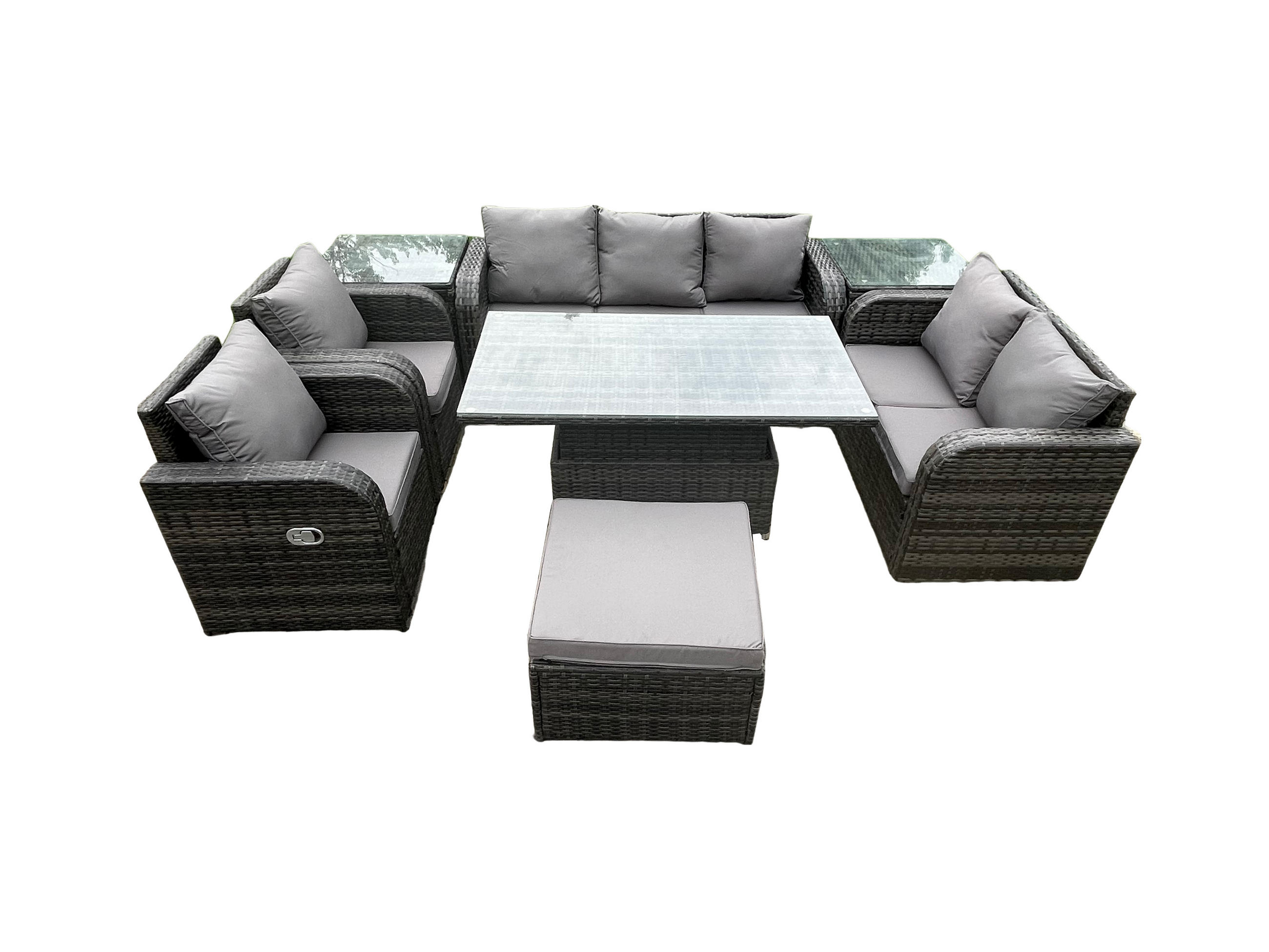 SITZGRUPPE GARTENSET MIT COUCHTISCH Polyrattan Outdoor 8-Sitzer - Dunkelgrau/Grau, Glas/Kunststoff - Fimous