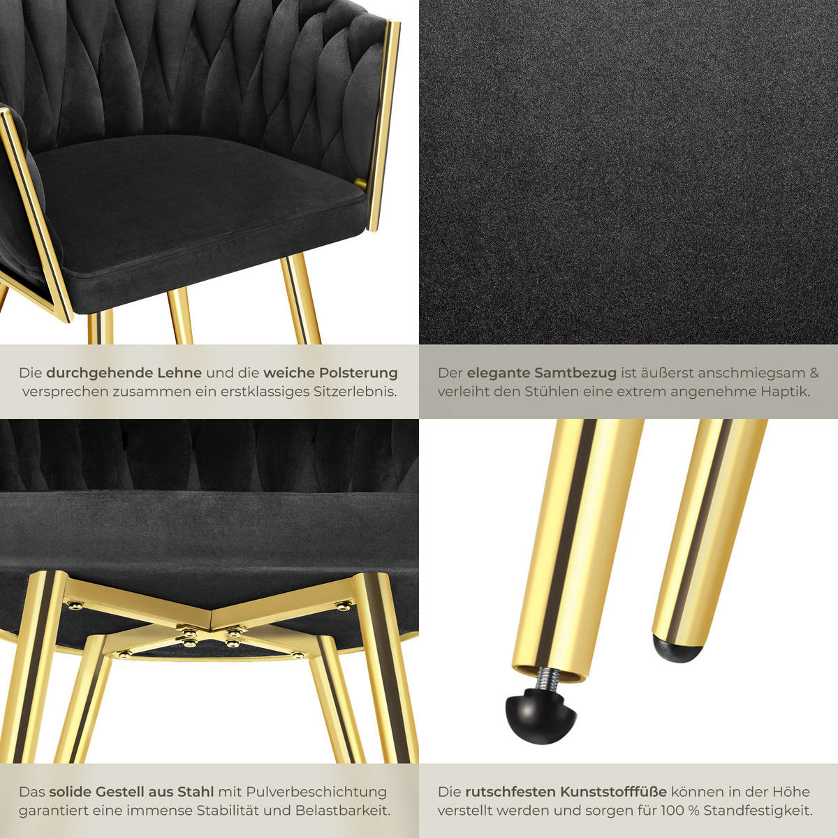 ESSZIMMERSTUHL 4er Set Astano,60,5 x 55 x 75 cm,schwarz/gold - Goldfarben/Schwarz, Textil (60.5/75/55cm) - tectake