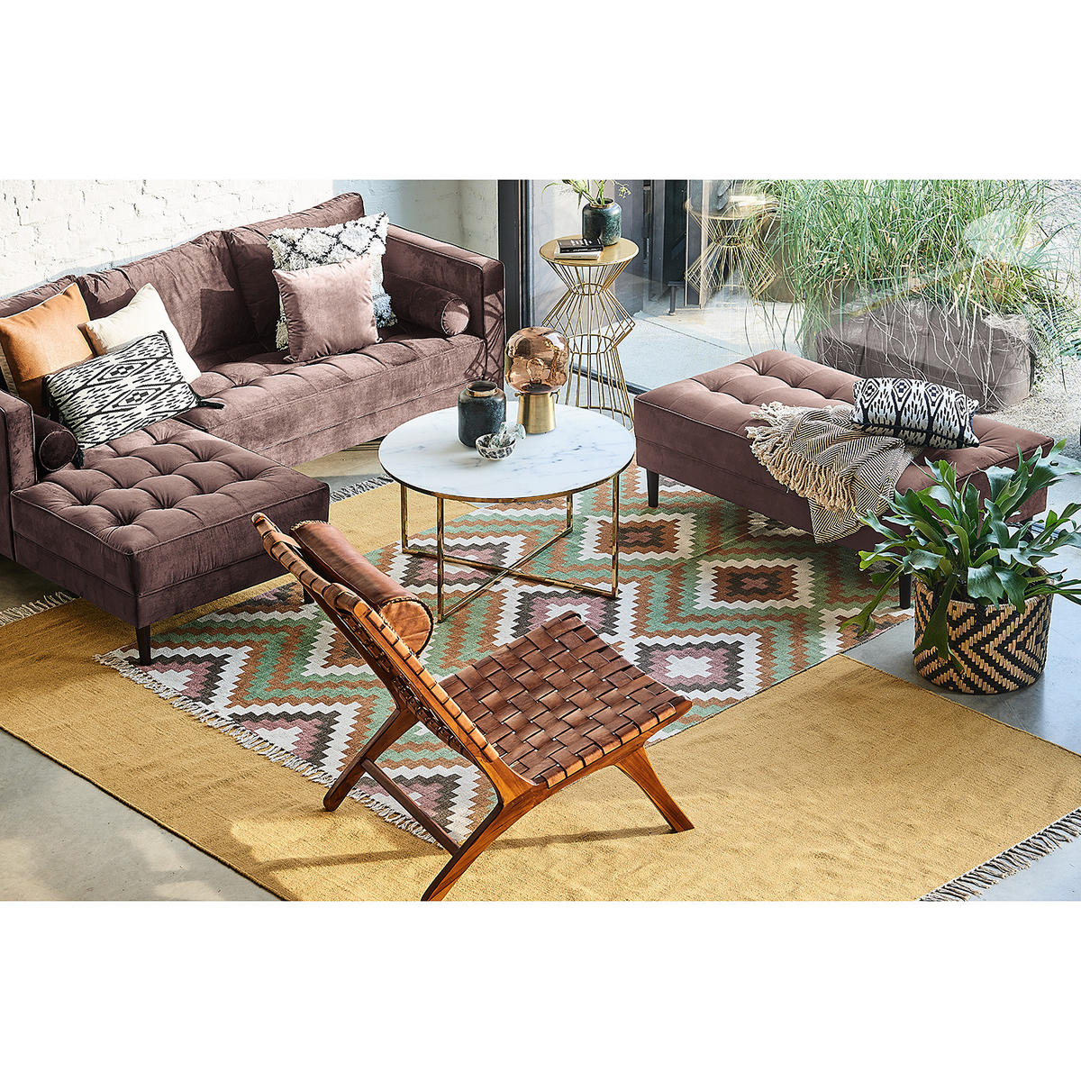 ECKSOFA - Samt - Dunkelbraun/Mauve, Birkenholz/Textil (201/155cm) - home24