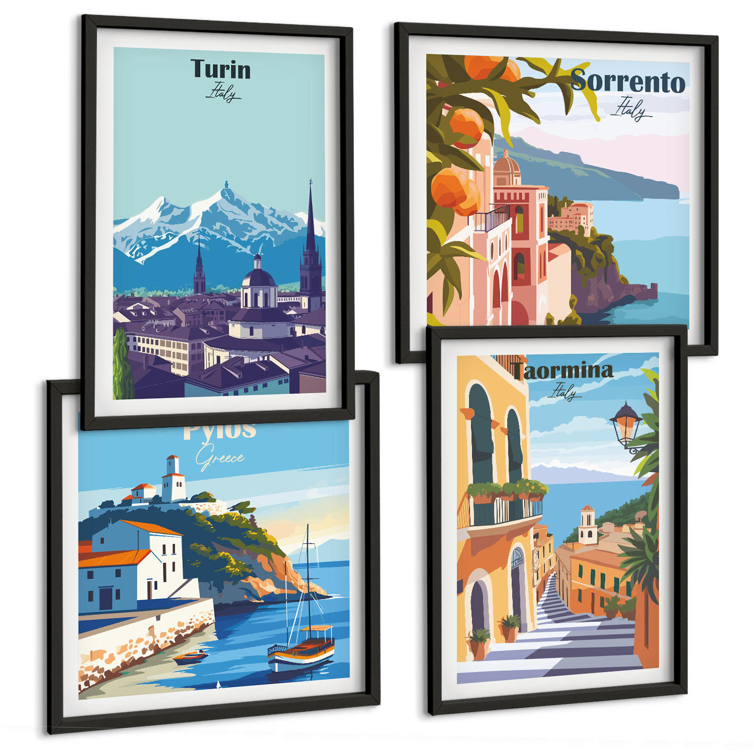 BILDER SET 4er Set - 50x50 cm & 40x60 cm Schwarzer Rahmen - Farbenfrohe Illustrationen von Retro-Städten - Schwarz, Kunststoff (50/50cm) - TULUP