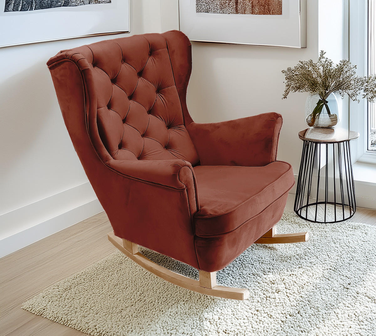 SCHAUKELSESSEL mit gepolstertem Sitz und Armlehnen, 102x81x95 cm, Burgunderrot_29833 - Kirschbaumfarben/Buchefarben, Holz/Textil (81/102/95cm) - DomoHome