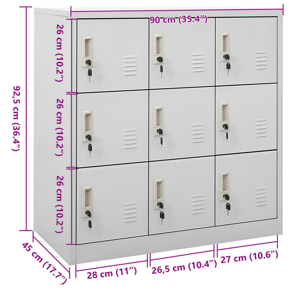 SCHLIESSFACHSCHRANK mit 9 Schließfächern, 90/45/92,5 cm, aus Stahl, in Hellgrau - Hellgrau, Metall (90/92.5/45cm) - vidaXL