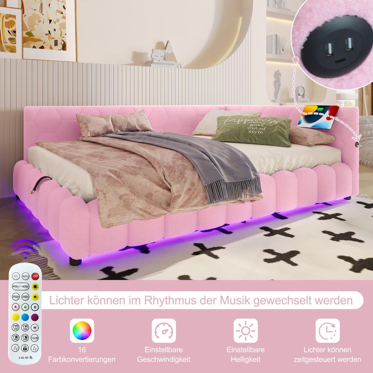 TAGEBETT 140x200cm Rosa Vliesimitat LED-Licht Hydraulik USB-C - Pink, Holz (140/200cm) - FLIEKS