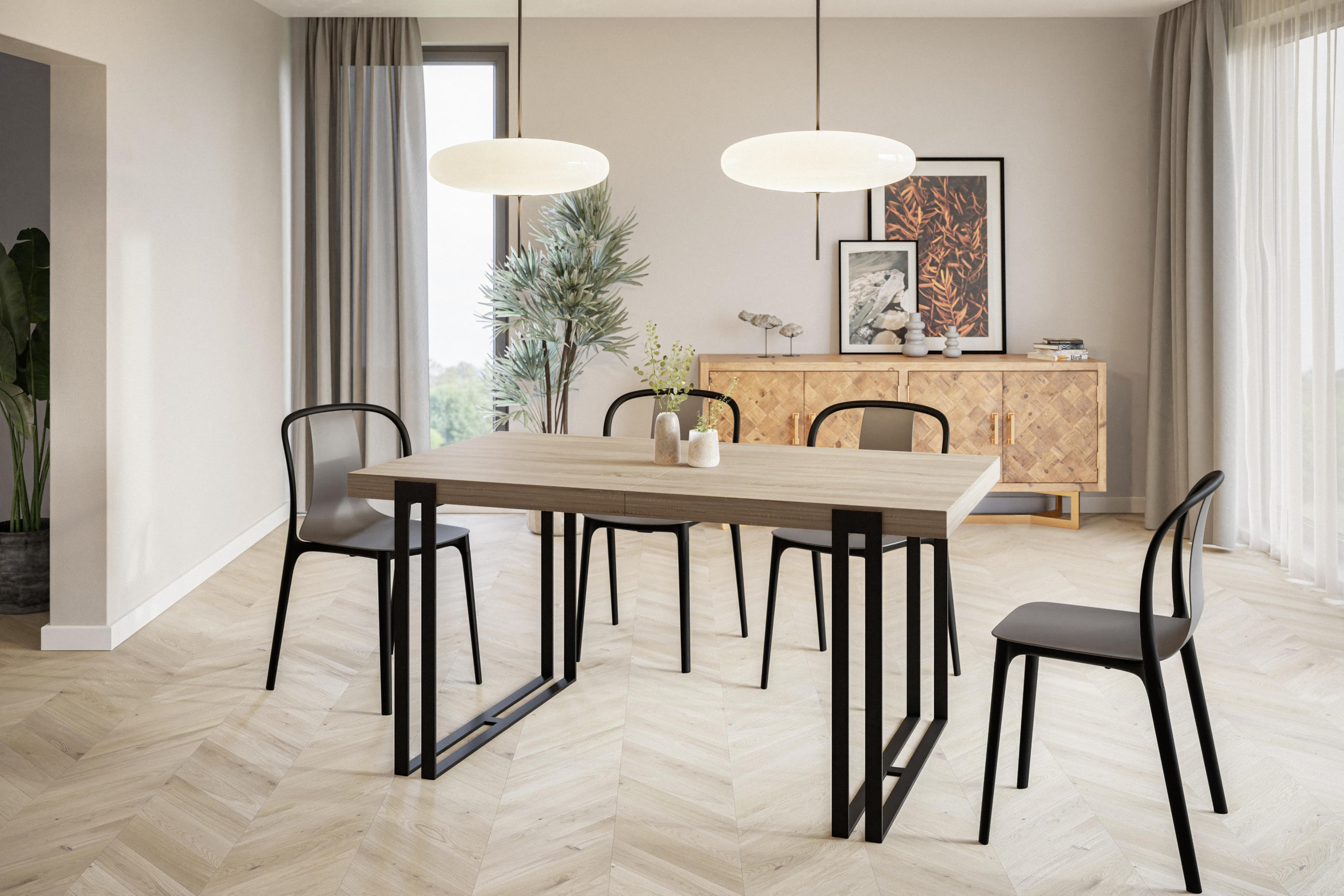 ESSZIMMERTISCH ROSA, ausziehbarer Tisch 120-220X80X77 cm, Farbe: SONOMA, mit Metallbeinen in Farbe Schwarz - Schwarz/Sonoma Eiche, Holzwerkstoff (120/80/77cm) - Alpi-Möbel