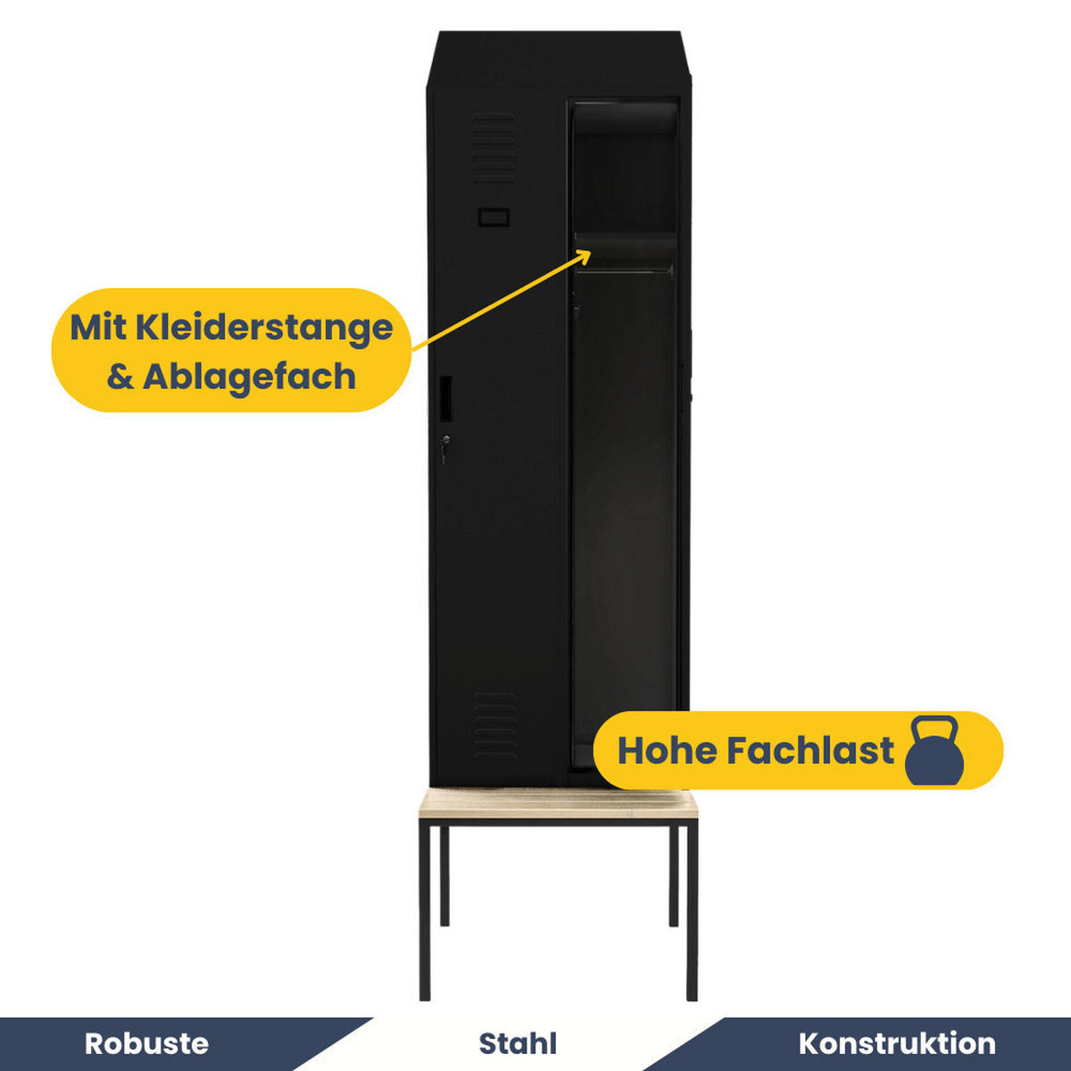 UMKLEIDESCHRANK Spind mit Sitzbank BARCA 2 Abteile 229,5x60x85cm Schwarz - Schwarz, Metall (60/229.5/85cm) - DELUKE