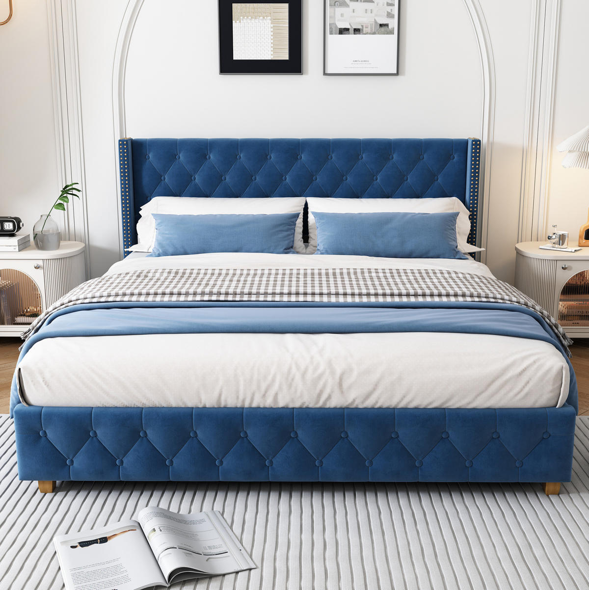 POLSTERBETT aus Samt 160x200 cm Blau mit Knopfheftung, Nietenverzierung und Lattenrost - Blau, Textil (160/200cm) - IVMEU