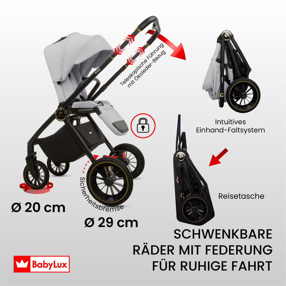 KINDERWAGEN Rosso 4in1 Silber Babywanne, Reisebuggy, Autositz, Isofix Basis - Silberfarben/Schwarz, Textil/Metall (58/98cm) - BabyLux