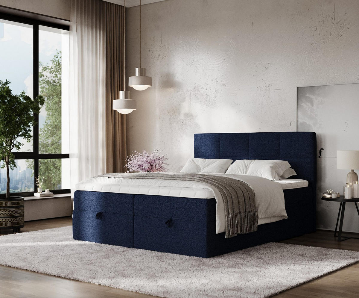 BOXBETT Velto 160/200 cm Marineblau im Riva Stoff - Schwarz/Dunkelblau, Holz/Holzwerkstoff (160/200cm) - AltaBeds