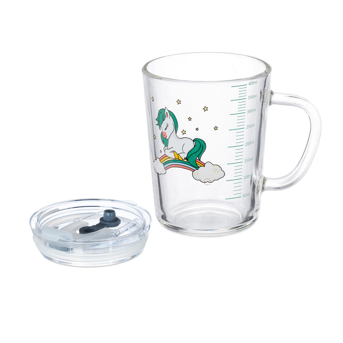 GLAS Transparent vit grön 2-pack för barn hästmotiv 400 ml - Transparent, Glas/Plast (0.4L) - Relaxdays
