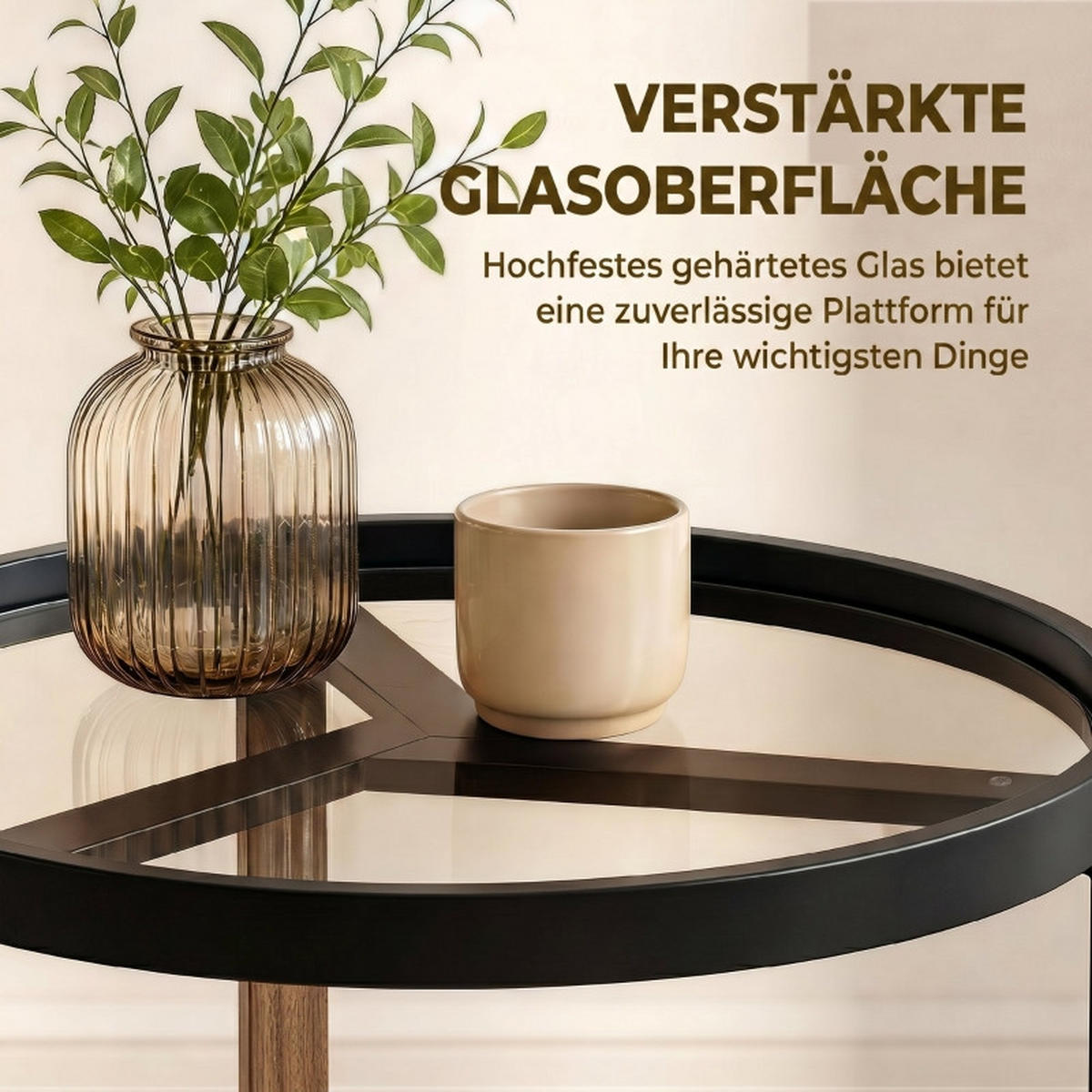 BEISTELLTISCH DE-37208 rund mit Glasplatte Schwarz - Schwarz, Metall (45/45/50cm) - ComfortXL