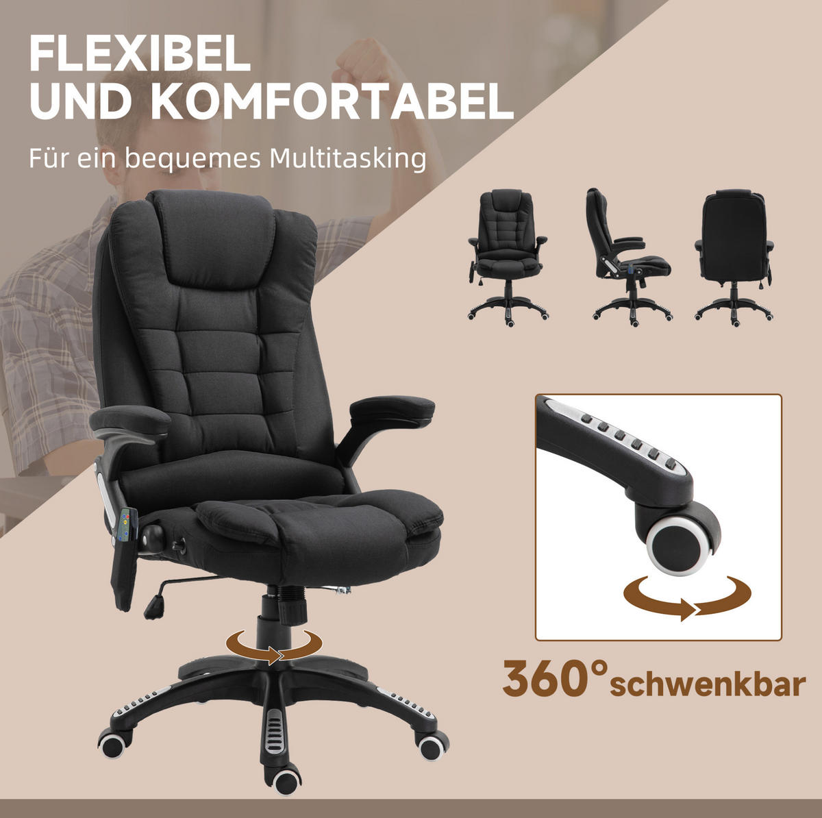 BÜROSTUHL mit Massagefunktion höhenverstellbar Schwarz - Schwarz, Kunststoff (72/120/68cm) - Meubliv