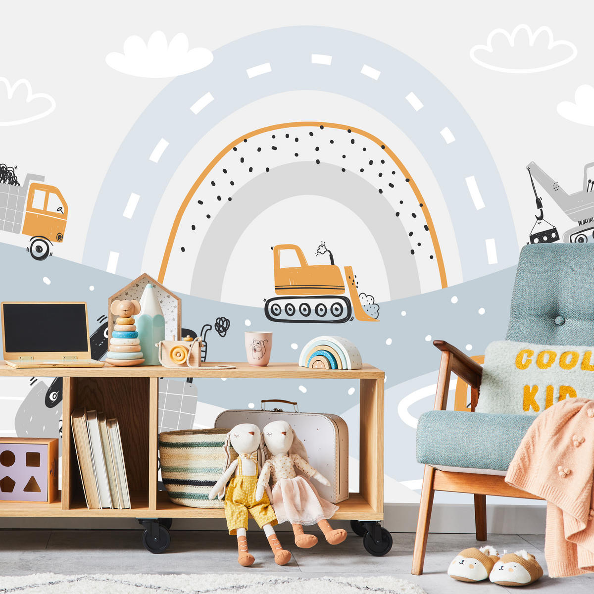 FOTOTAPETE für Kinderzimmer Zeichnung Baustellenfahrzeuge Hügel Regenbogen 150x105 - Multicolor, Papier (150/105cm) - Muralo
