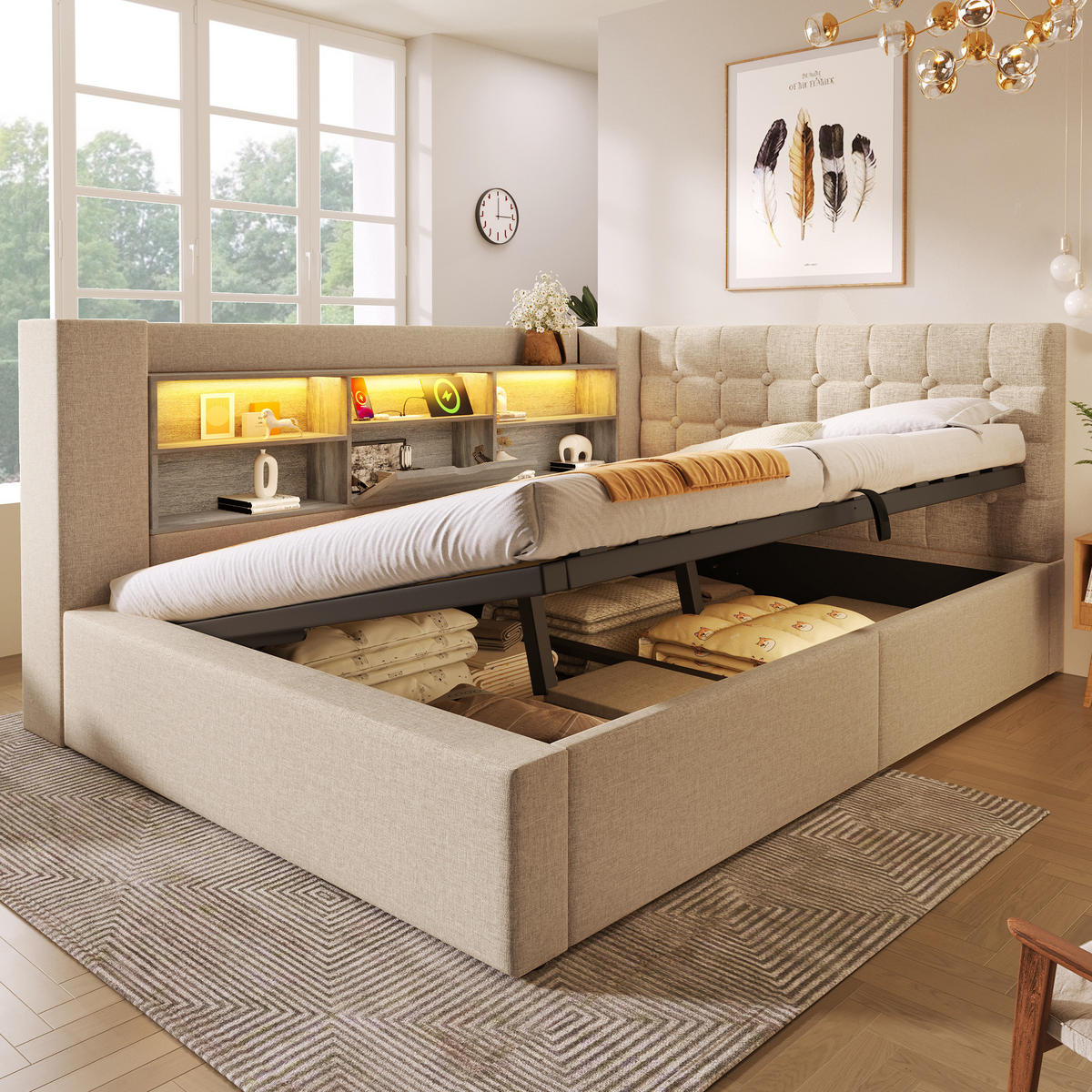 POLSTERBETT mit Stauraum und LED 140x200 cm Beige - Beige, Metall (140/200cm) - Meubliv