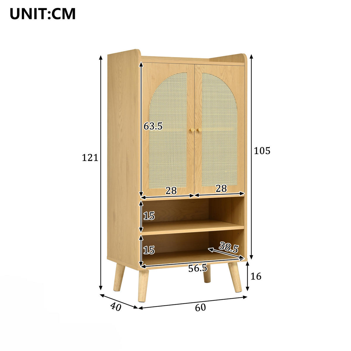 HIGHBOARD 60/40/121 cm mit Rattantüren, offenen Fächern und Kippsicherung, Natur - Naturfarben, Holzwerkstoff (60/121/40cm) - Redom