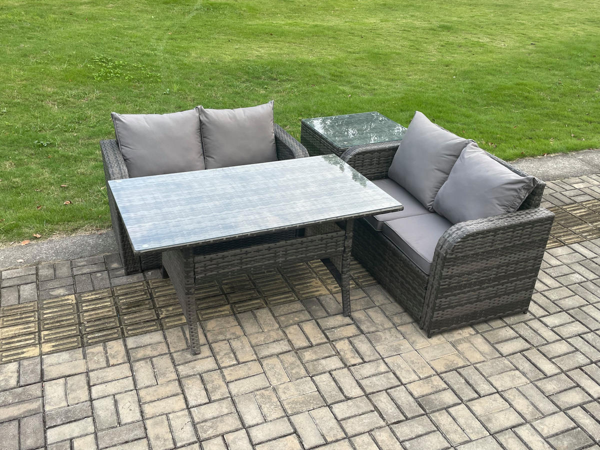 GARTENSET mit Zweisitzer,Esstisch Polyrattan 4-Sitzer - Dunkelgrau/Grau, Glas/Kunststoff - Fimous