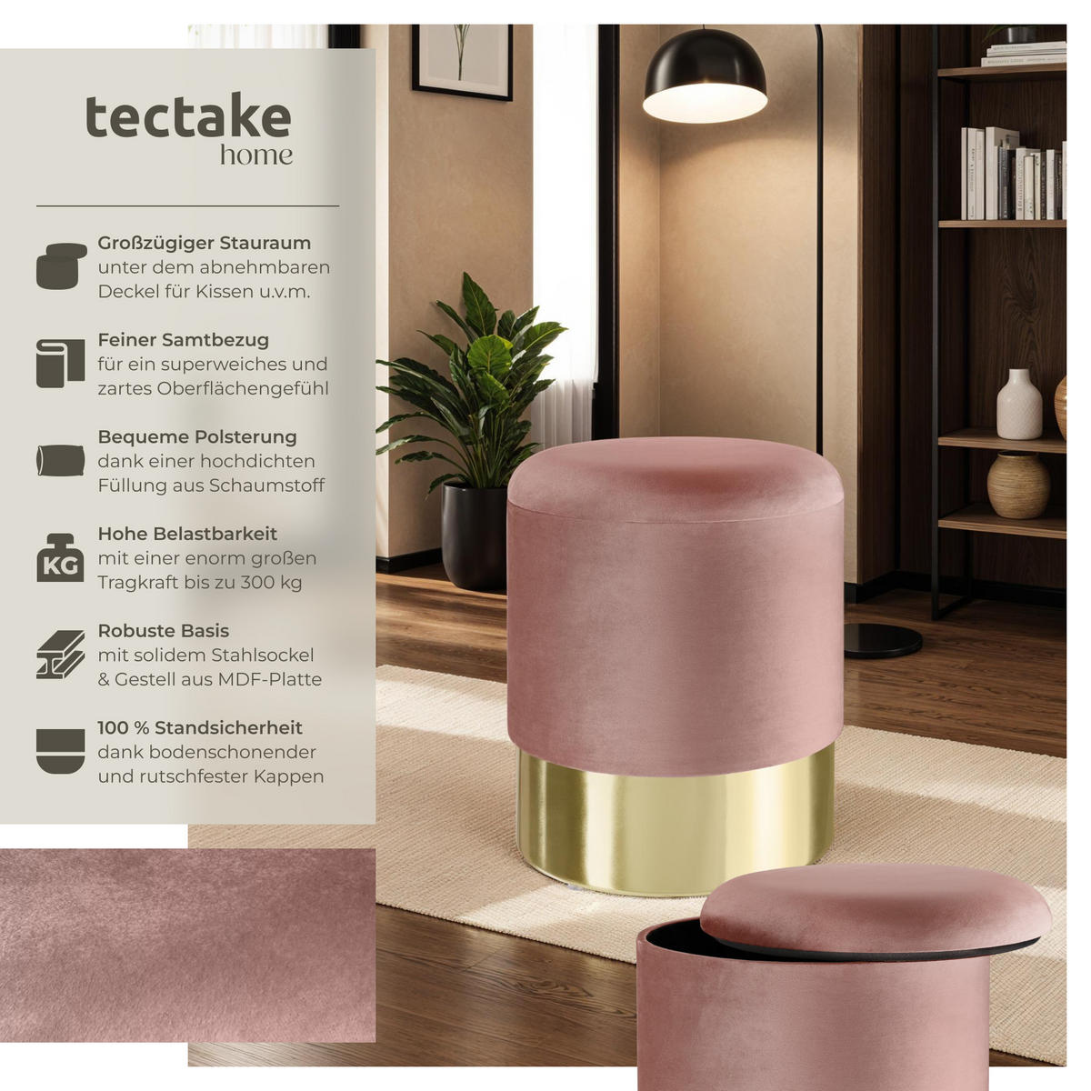 SITZHOCKER mit Stauraum Sarina,36 x 44,5 cm,rosa - Rosa, Holz (36/44.5/36cm) - tectake