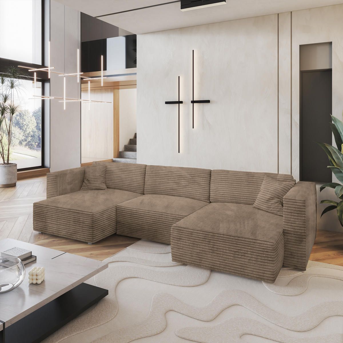 WOHNLANDSCHAFT SARMO Beige Kordstoff mit Schlaffunktion - Beige, Holz (347/90/148cm) - MASSENO