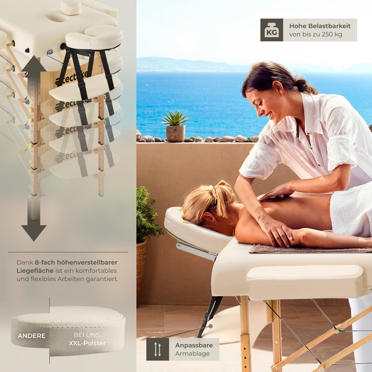 MASSAGELIEGE 2 Zonen, 220 x 83 x 87,5 cm,beige - Beige, Holz (59/65.5/187cm) - tectake