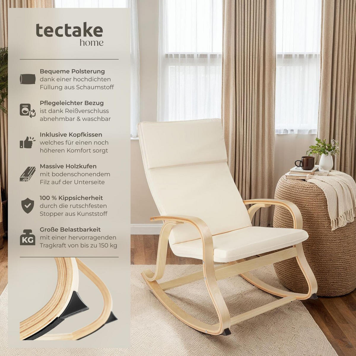 SCHAUKELSTUHL Roca,65 x 94 x 100 cm,beige - Beige, Holz (65/100/94cm) - tectake