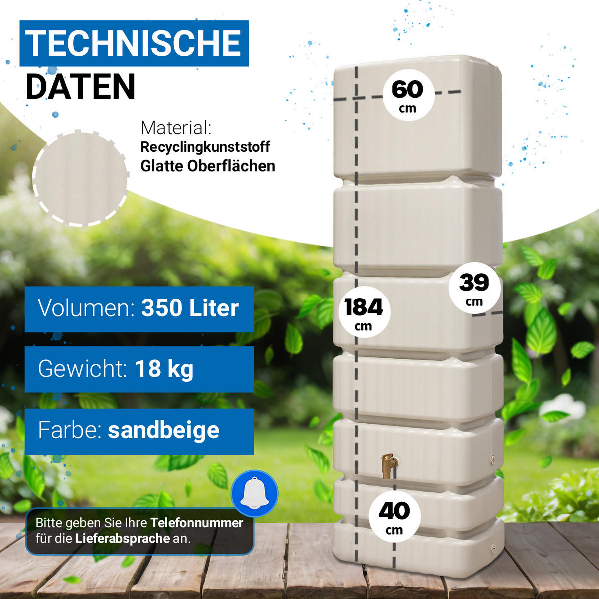 WANDTANK 350 L, sandbeige - Beige, Kunststoff (60/184/39cm) - 4rain