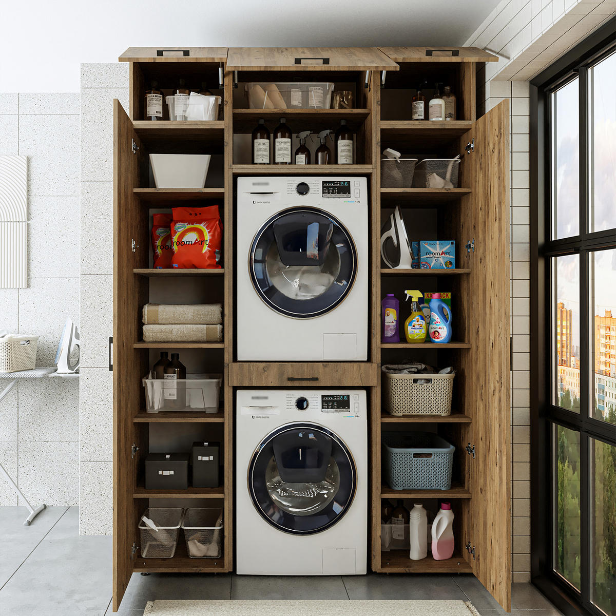 WASCHMASCHINENSCHRANK DUO-I 157cm Breit, 240cm Hoch - Eichefarben, Holzwerkstoff (157/240/67cm)